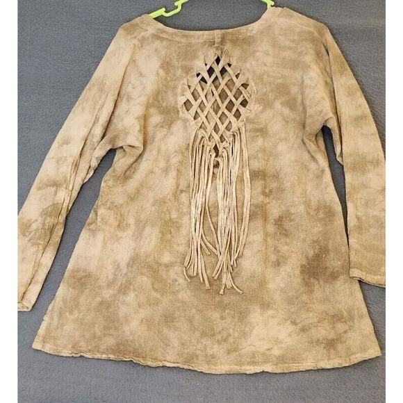 Oh My Gauze 1 (S/M) Fringe Cutout Back Tie Dye Brown Top Lagenlook Shell Buttons - Picture 2 of 9